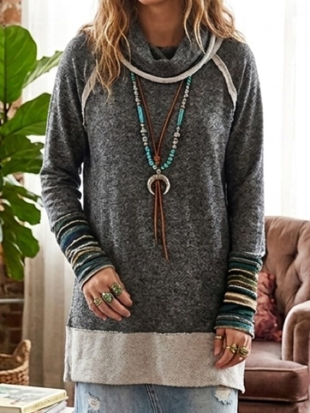 EGS California Teal Trim French Terry Cowl Neck Tunic Artsy Fall Boho Indie